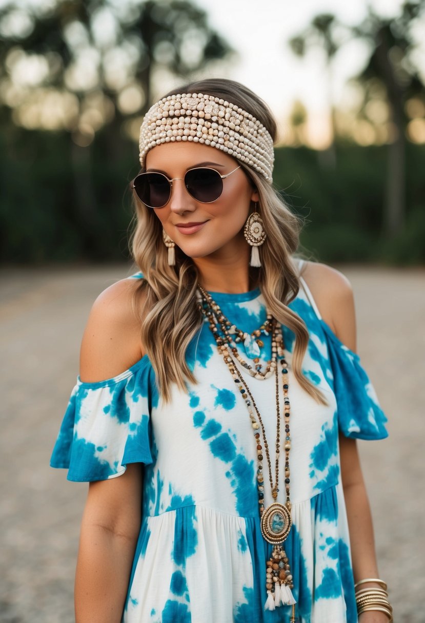 A beaded headband sits atop a flowing tie-dye maxi dress, paired with round sunglasses and layered bohemian jewelry