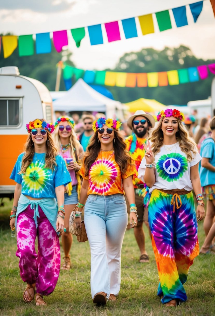 A colorful, outdoor music festival with people wearing flowing, tie-dye clothing, flower crowns, and peace sign accessories. Rainbow banners and vintage campers add to the hippie vibe