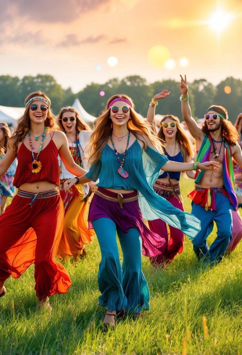 A sun-drenched field with a group of young people wearing colorful, flowing clothing, headbands, and round sunglasses, dancing to music at a hippie festival