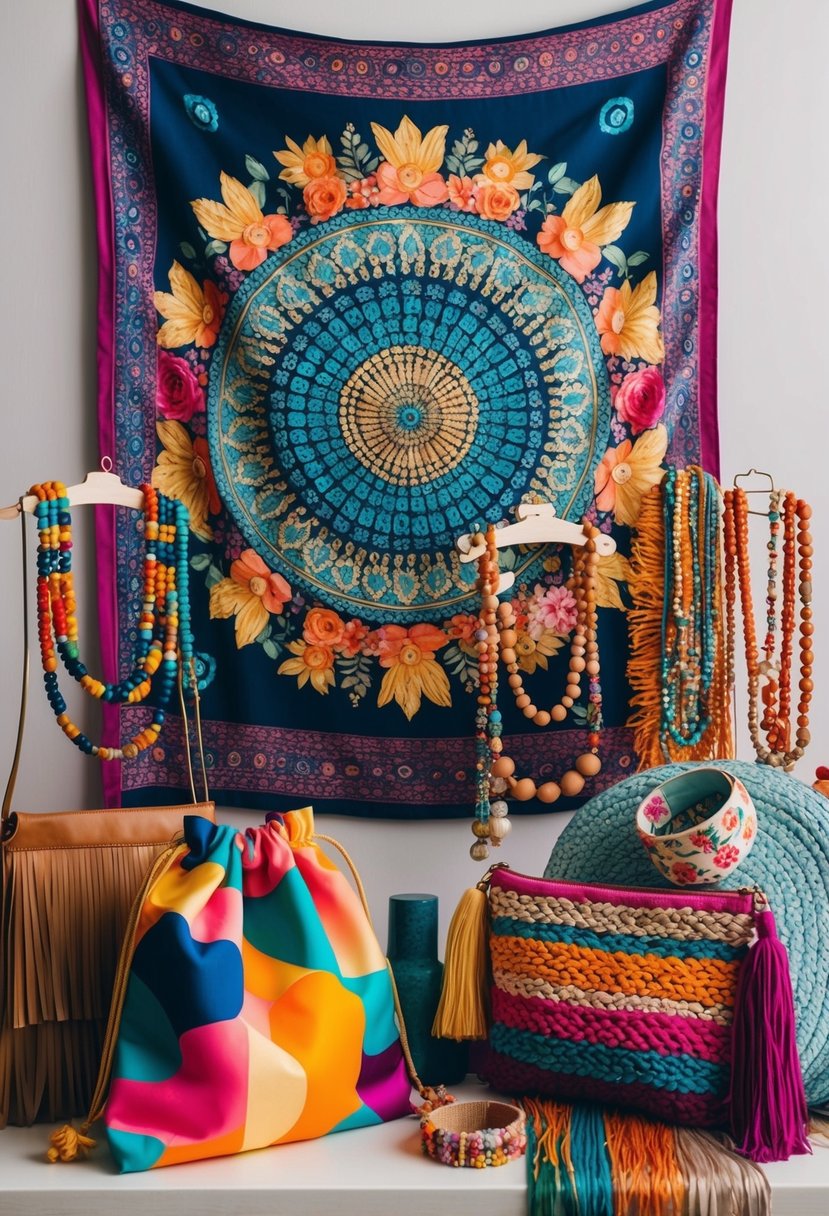 A colorful tapestry hangs on a wall behind a collection of bohemian accessories including beaded necklaces, fringed bags, and floral headbands