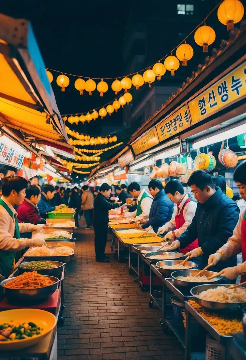 A vibrant night market filled with colorful street food stalls and traditional performances in South Korea
