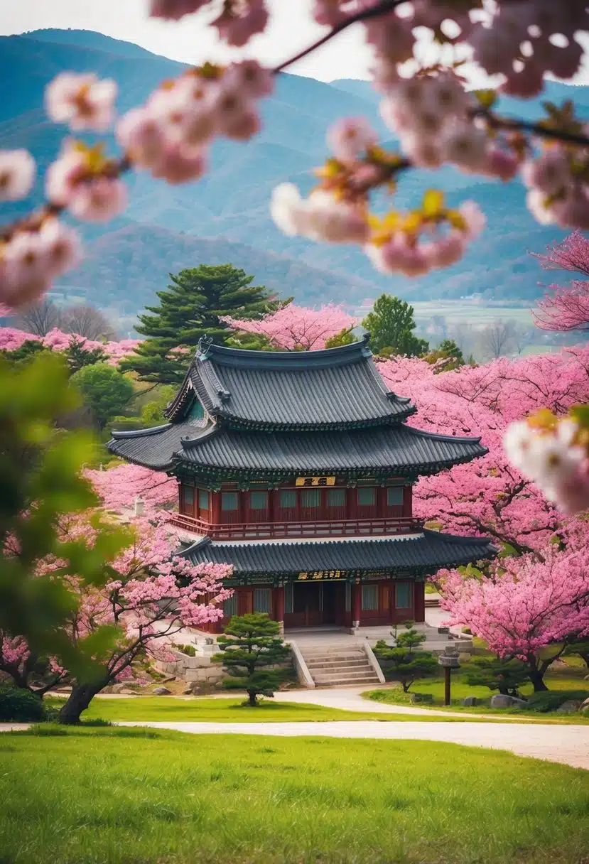 A serene temple nestled in the lush Korean countryside, surrounded by vibrant cherry blossoms and traditional architecture