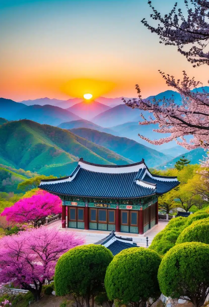 A serene sunrise over traditional Korean architecture, surrounded by lush green mountains and colorful blossoming trees