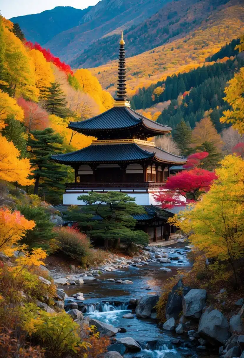 A serene temple nestled in the mountains, surrounded by colorful autumn foliage and a peaceful stream