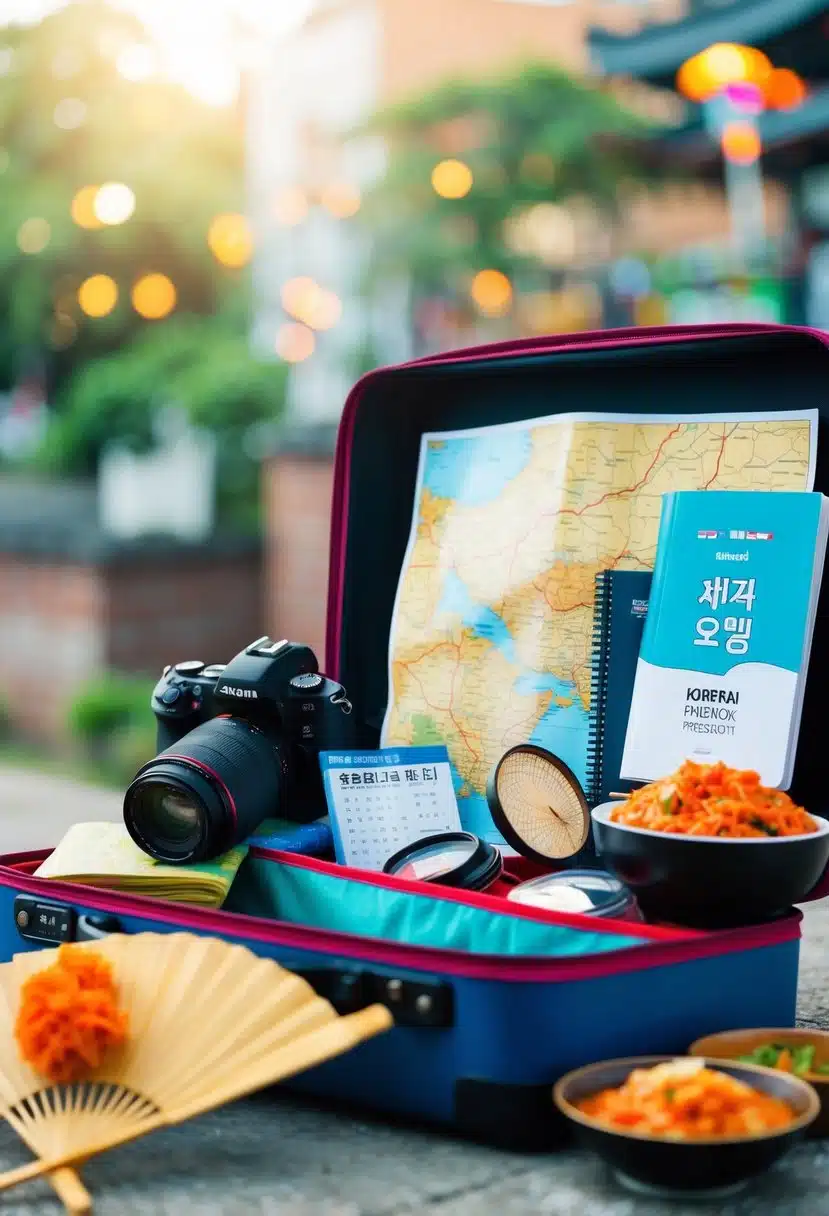 A colorful suitcase open with various items spilling out, including a camera, map, Korean phrasebook, traditional fan, and a bowl of kimchi
