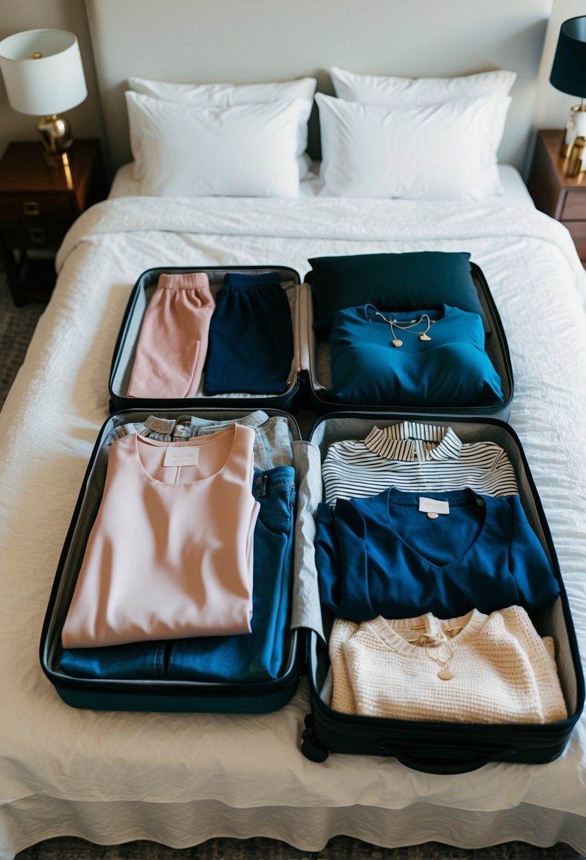 A woman's suitcase with five outfits for travel laid out neatly on a bed, including dresses, pants, and tops in various colors and styles