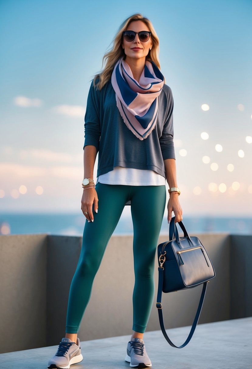 A woman's travel outfit with Lululemon Align Leggings, paired with a loose-fitting top, a stylish scarf, comfortable sneakers, and a crossbody bag