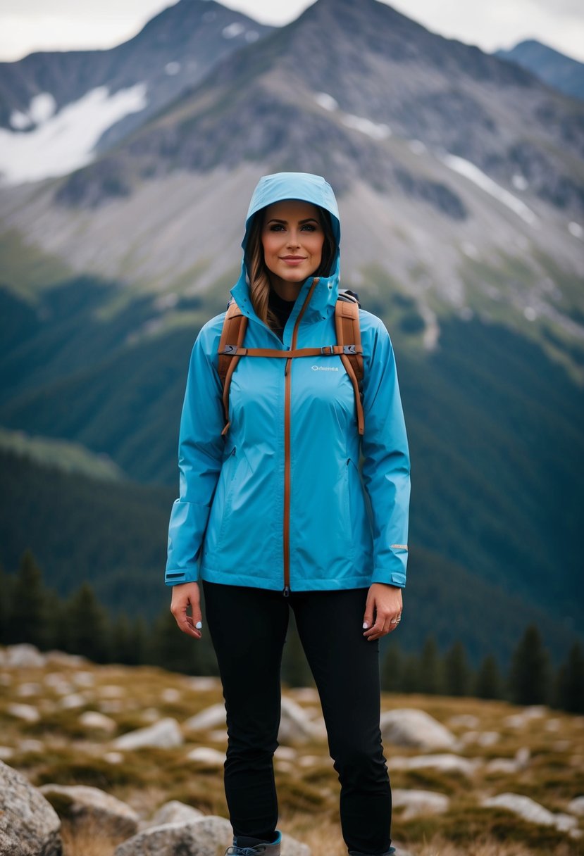 A woman wearing a Columbia Arcadia Rain Jacket, standing in front of a mountainous landscape with a backpack and hiking boots