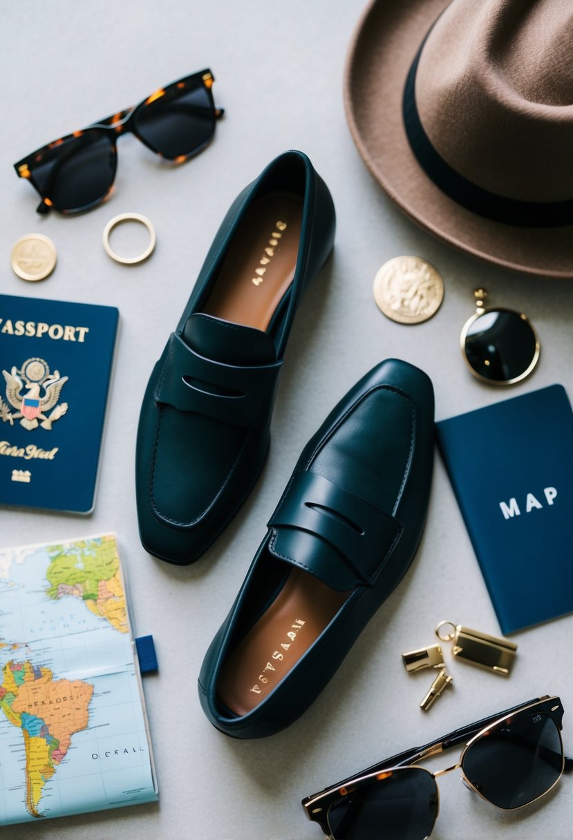 A pair of Everlane Modern Loafers surrounded by travel essentials like a passport, sunglasses, and a map