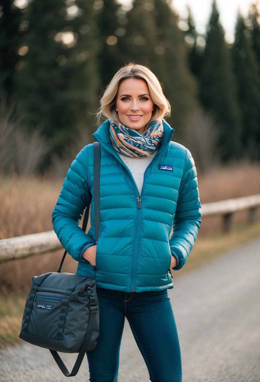 A woman's travel outfit with a Patagonia Nano Puff Jacket, paired with jeans, boots, a scarf, and a crossbody bag