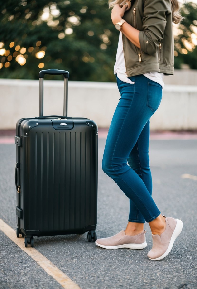 A woman's travel outfit laid out next to a sleek, black Away Bigger Carry-On suitcase. The outfit includes versatile pieces and comfortable shoes for a stylish and practical journey