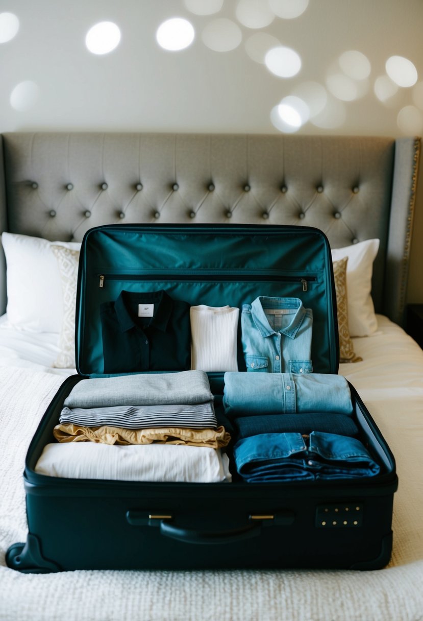 A woman's suitcase open on a bed, with a variety of fabrics and clothing items laid out neatly