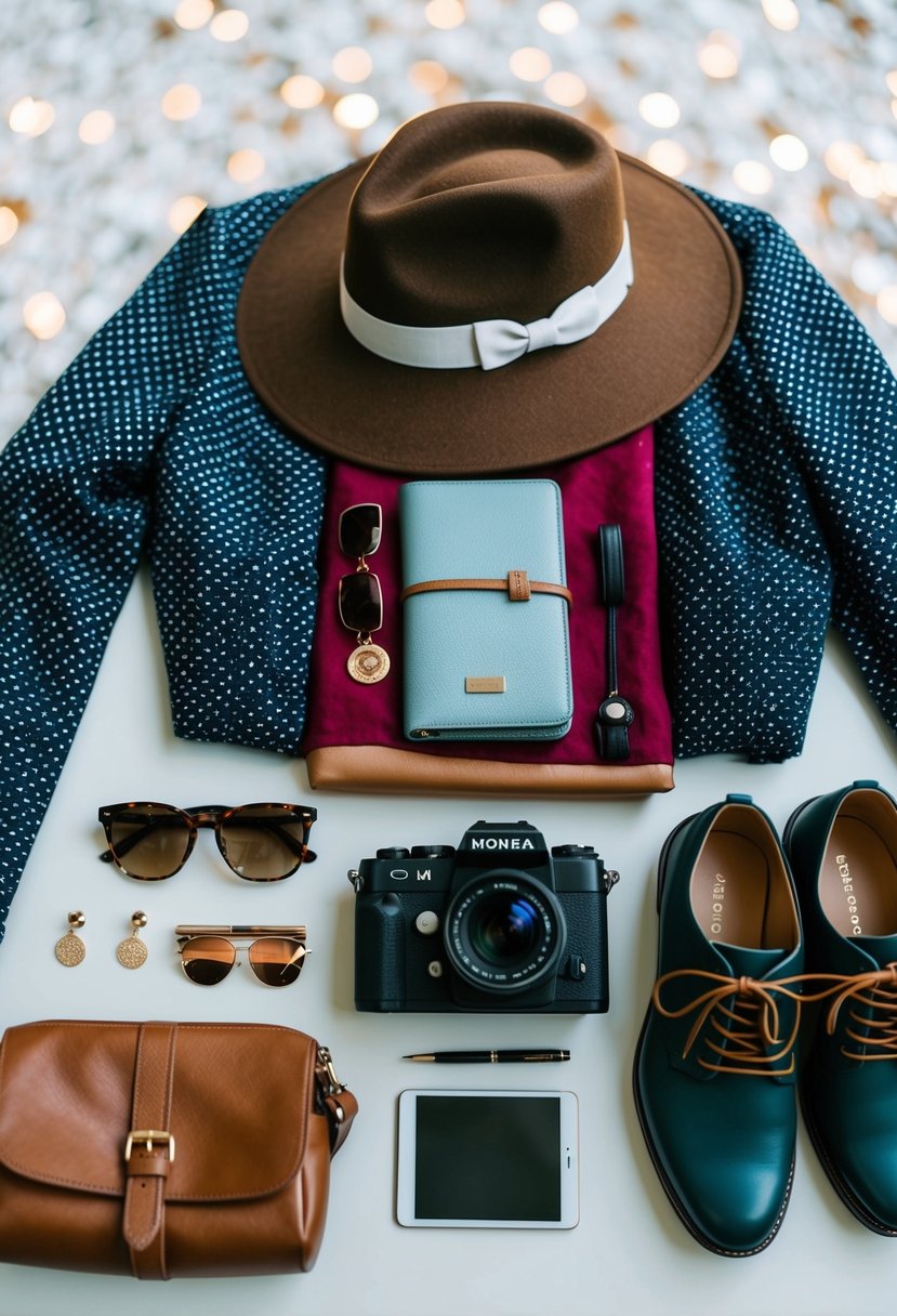 A woman's travel outfit laid out with stylish and functional accessories