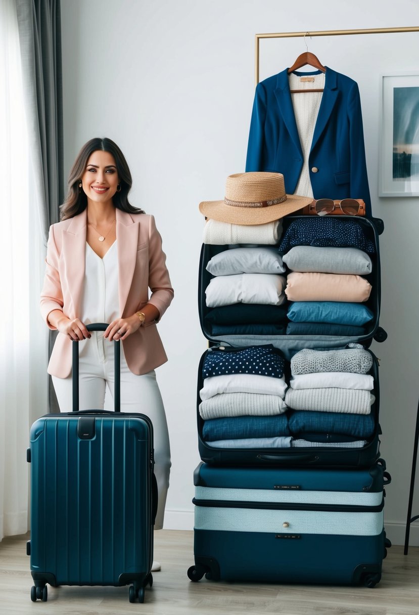 A woman's wardrobe, featuring versatile clothing items for various climates, neatly organized in a suitcase with different layers and accessories