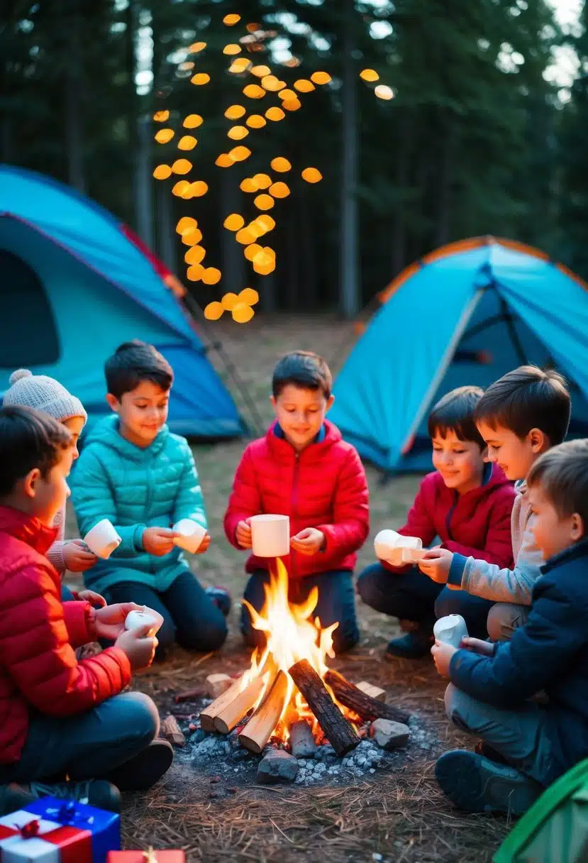 A group of children sitting around a campfire, roasting marshmallows and exchanging gifts. Tents and camping gear scattered around them