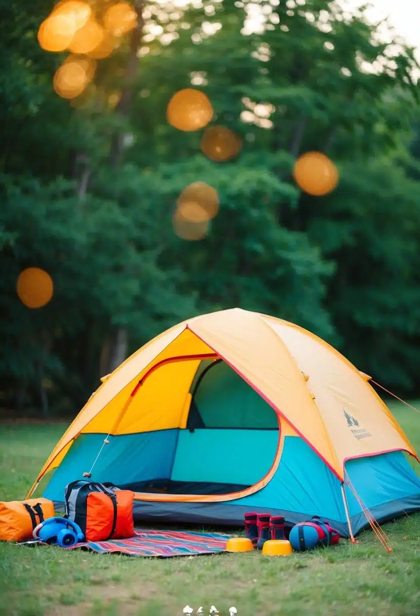 A colorful tent surrounded by camping gear and outdoor toys