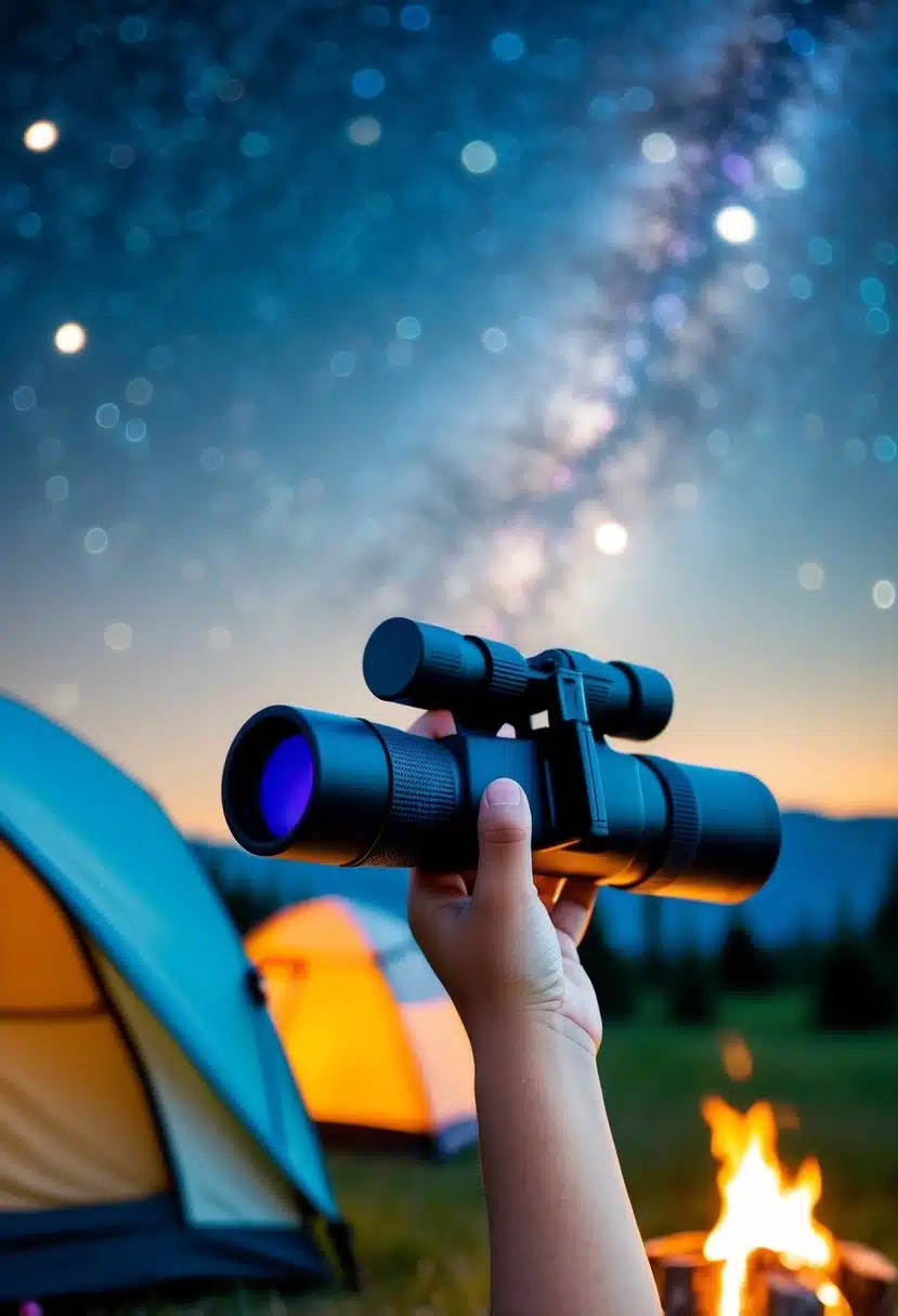 A child's hand holds a binocular stargazing kit against a starry night sky. A camping tent and campfire are visible in the background