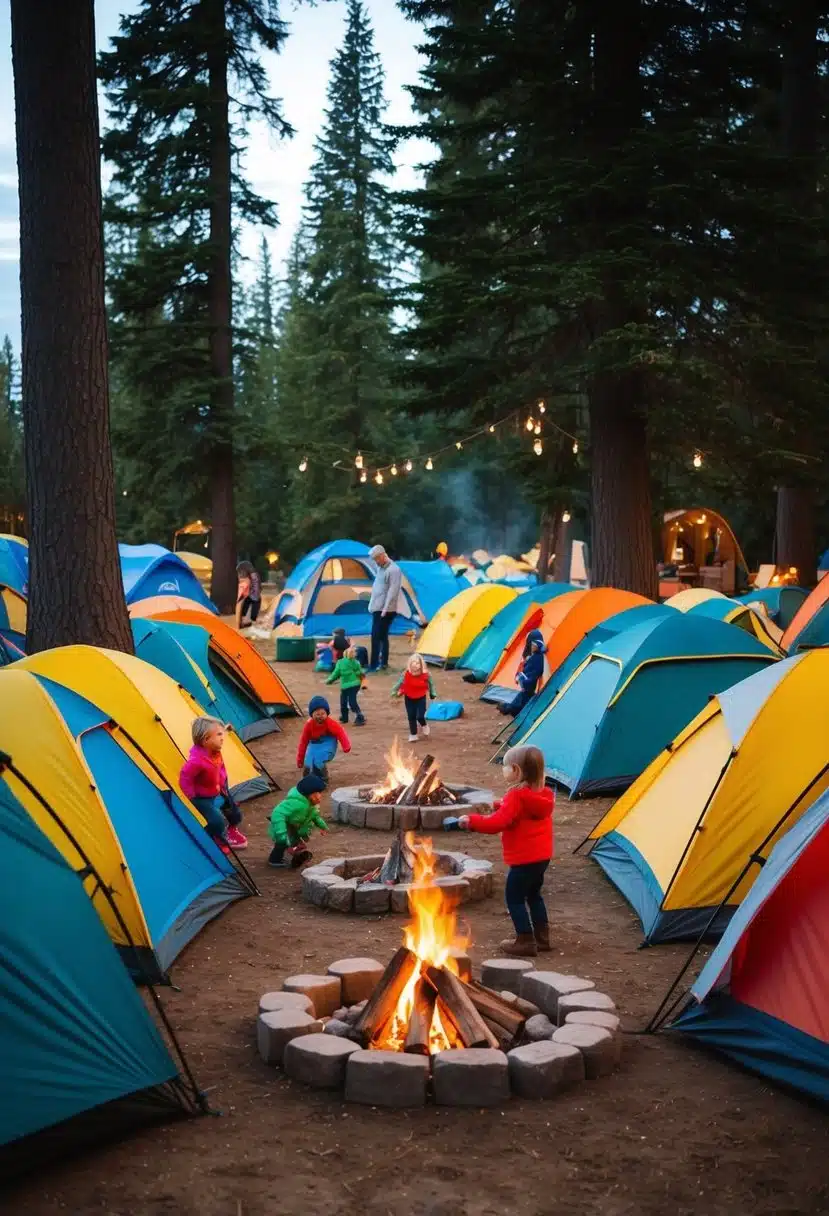A colorful array of tents and campfires nestled among towering trees, with children playing and families enjoying the great outdoors