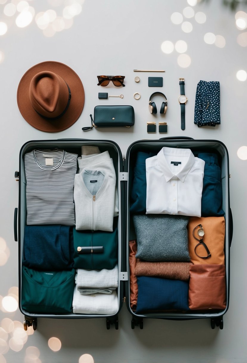 A neatly organized 12-piece travel capsule wardrobe laid out on a minimalist, modern suitcase, with versatile clothing items and coordinating colors