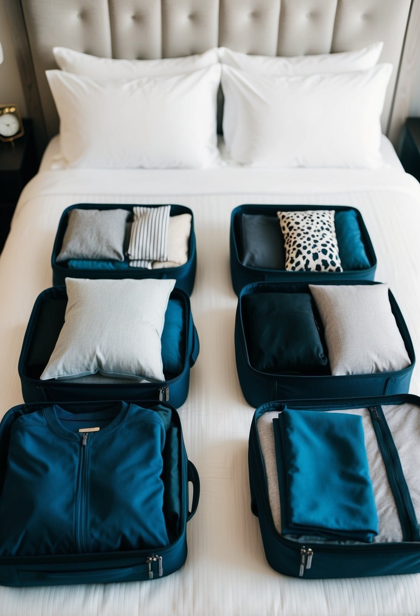 A neatly organized travel capsule wardrobe with 12 essential pieces laid out on a bed or table, ready to be packed for a trip