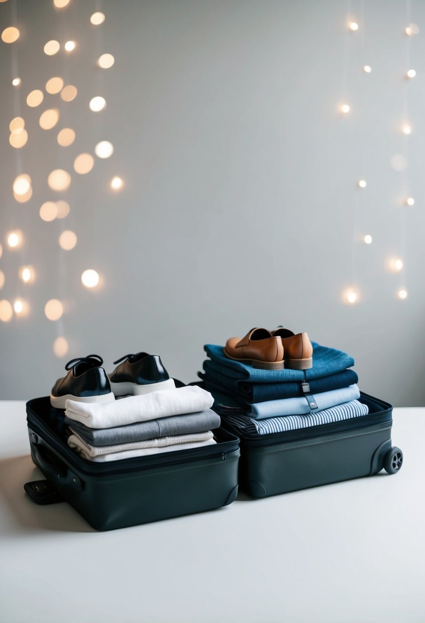 A compact suitcase with neatly folded clothing items, shoes, and accessories arranged in a minimalist and organized manner