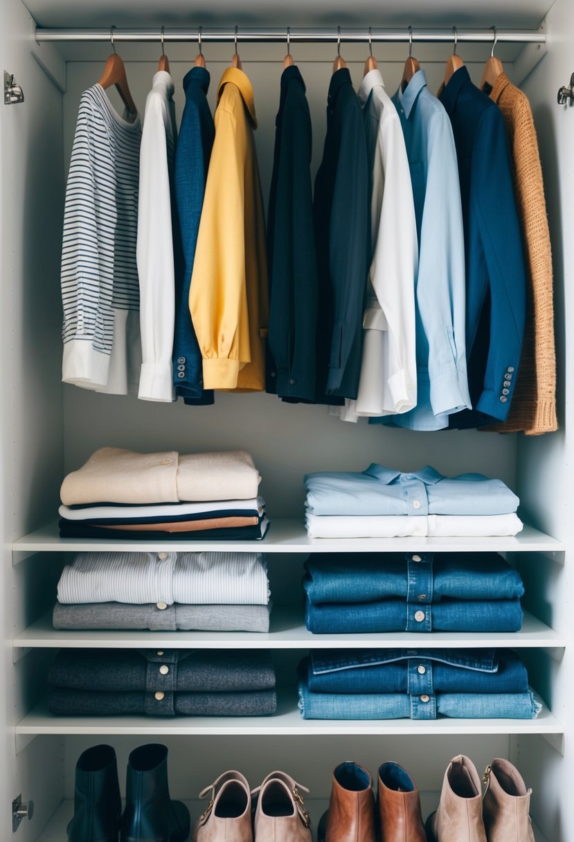 A neatly organized closet with 12 essential clothing items neatly folded and hung, ready for travel