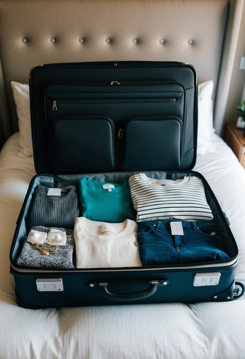 A suitcase filled with 12 carefully selected seasonal clothing items, including versatile tops, bottoms, and accessories, laid out neatly on a bed