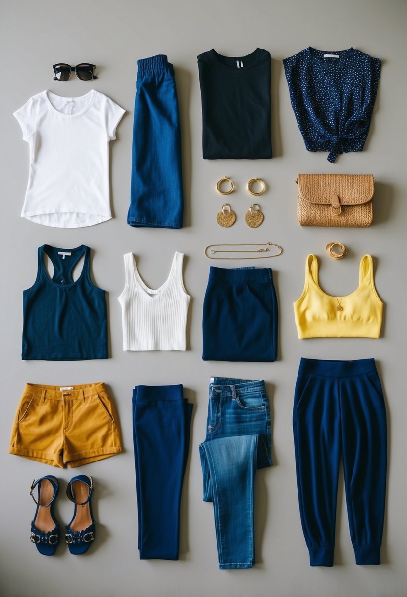 A neatly organized collection of 12 versatile clothing items laid out on a flat surface, including tops, bottoms, and accessories