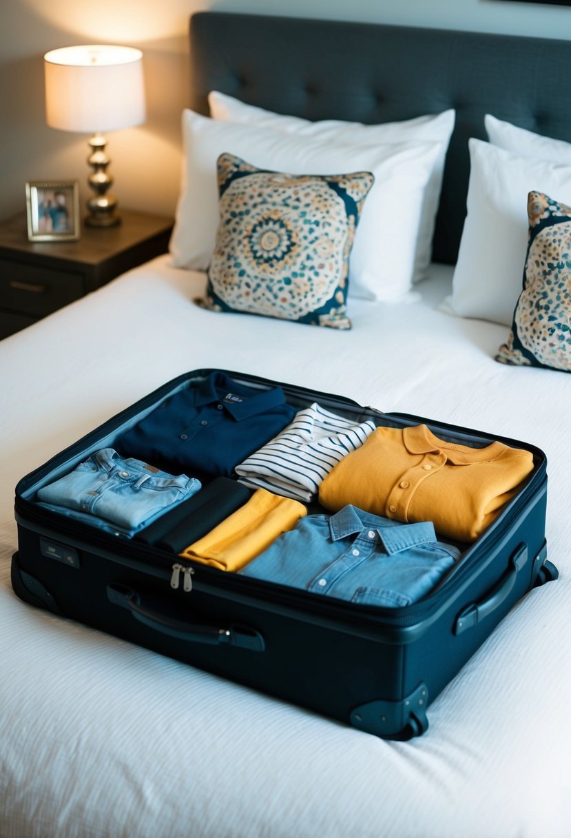 A neatly organized suitcase with 12 carefully chosen clothing items laid out on a bed, ready for packing