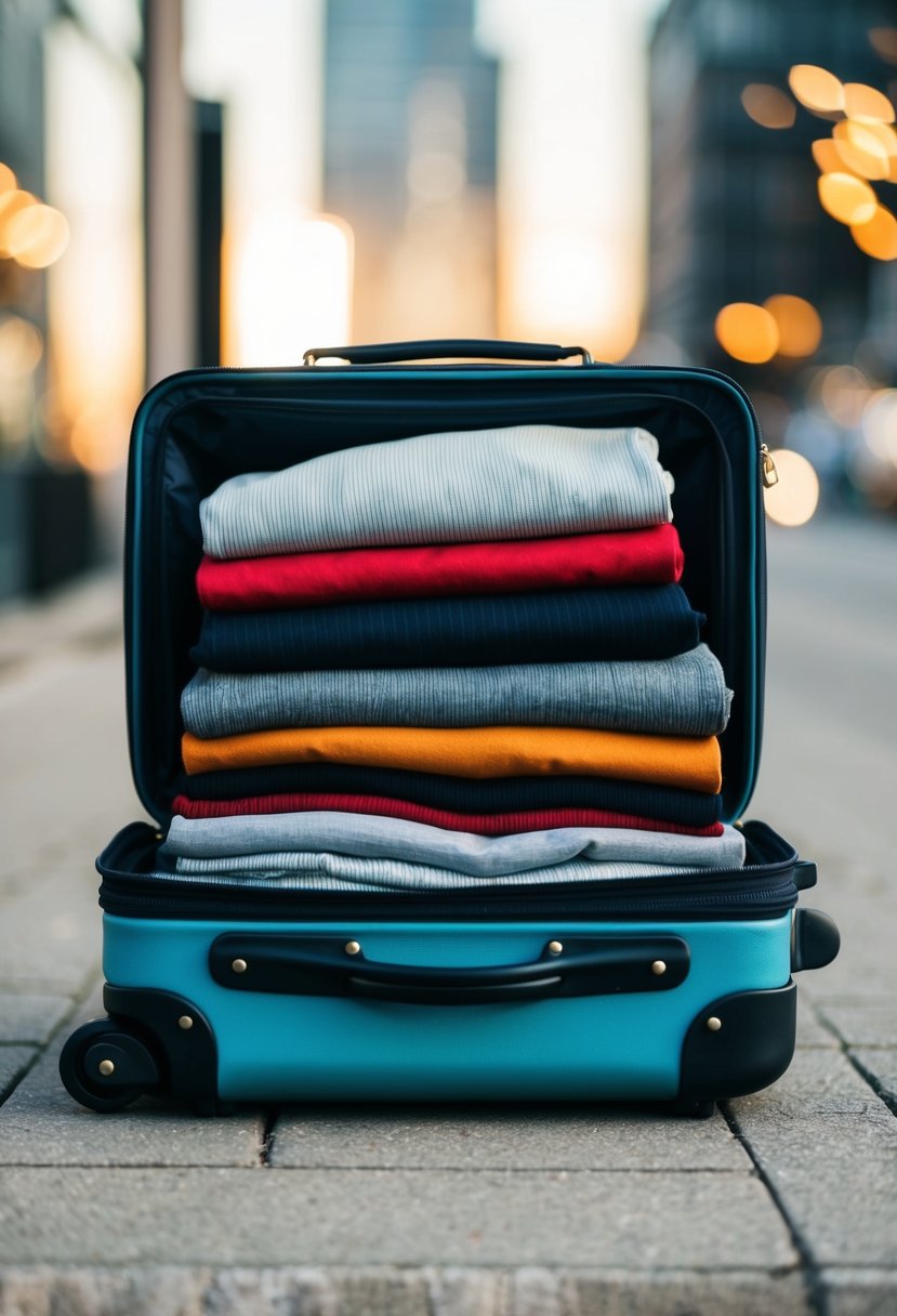 A compact suitcase with 12 carefully chosen clothing items neatly folded and organized, ready for travel