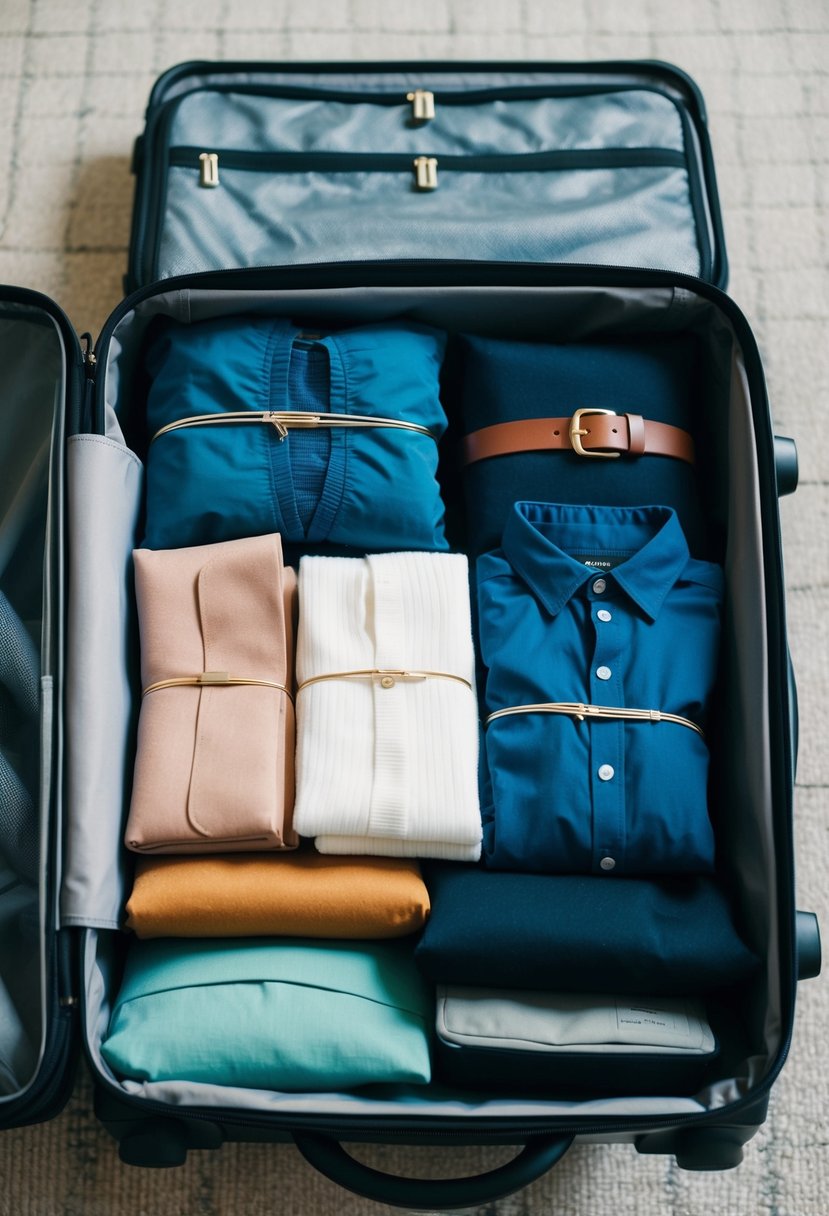 A neatly organized travel capsule wardrobe with 12 versatile pieces neatly folded and arranged in a compact suitcase, ready for any adventure