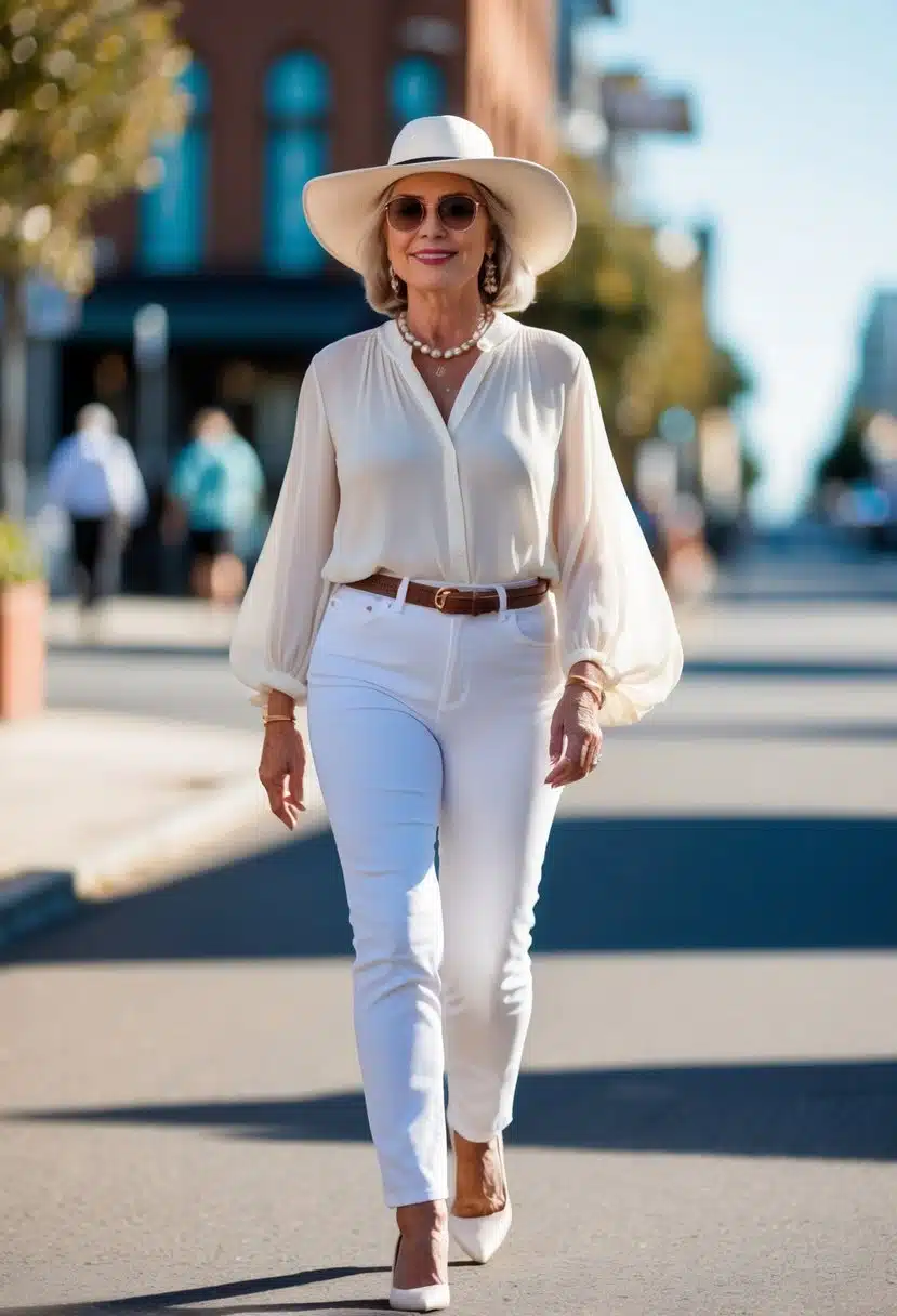 A stylishly dressed figure over 60, wearing white jeans with a flowy blouse and a wide-brimmed hat, walking confidently down a sunlit street