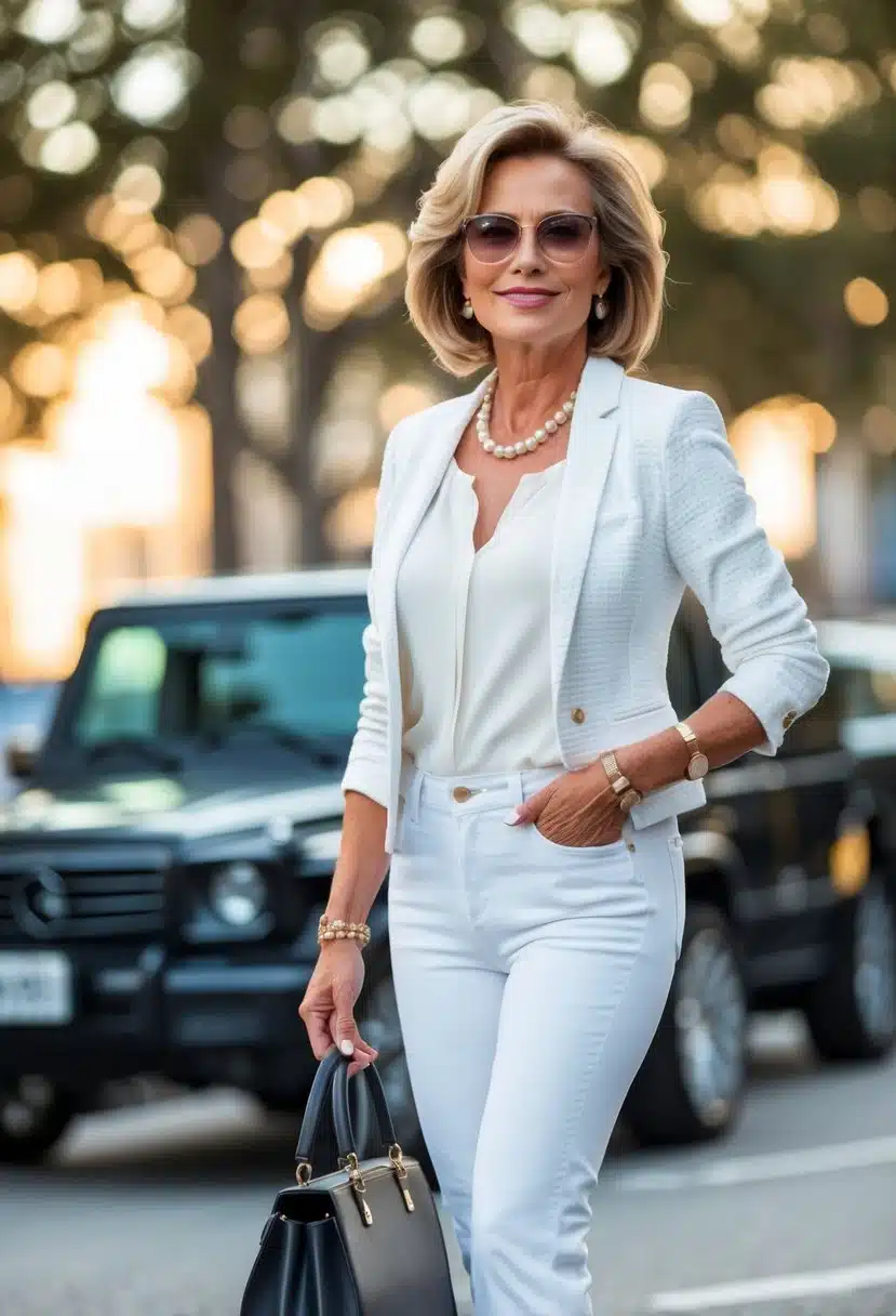 A mature woman confidently wearing white jeans, showcasing different styles for various body types