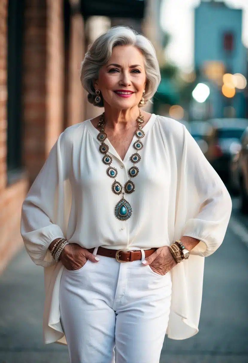 A stylish older woman confidently wears white jeans with a flowy blouse and statement jewelry, exuding elegance and confidence