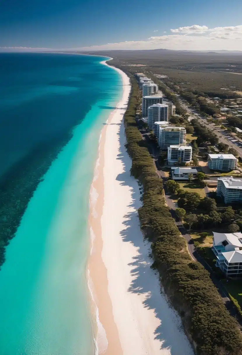 Aerial view of 5 pristine beaches in South Australia with clear turquoise waters, white sandy shores, and lush greenery lining the coastline