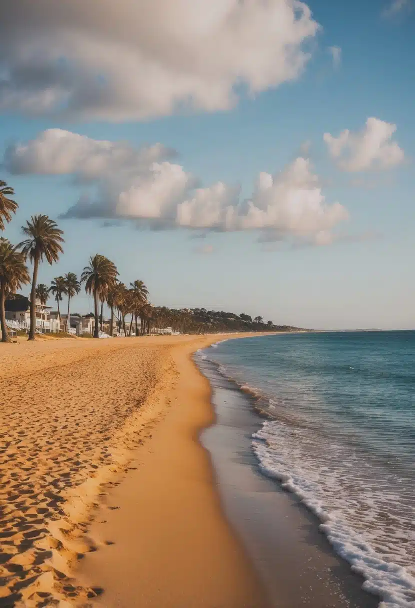 The golden sand stretches along the shore, meeting the clear blue waters of Glenelg Beach. Palm trees sway in the gentle breeze, while the sun casts a warm glow over the peaceful scene