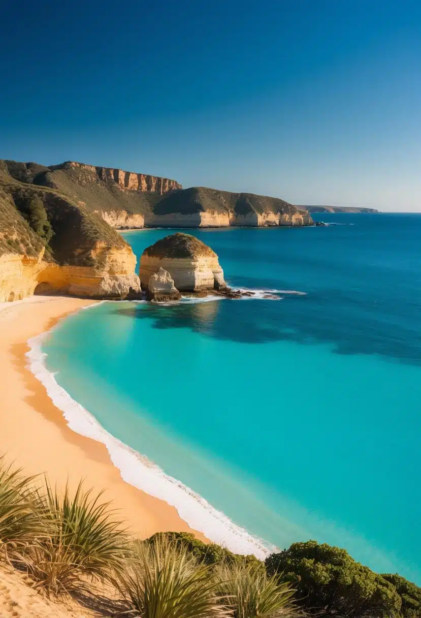 Golden sand, turquoise water, rugged cliffs, and a clear blue sky create a picturesque scene at Vivonne Bay, one of the top 5 beaches in South Australia