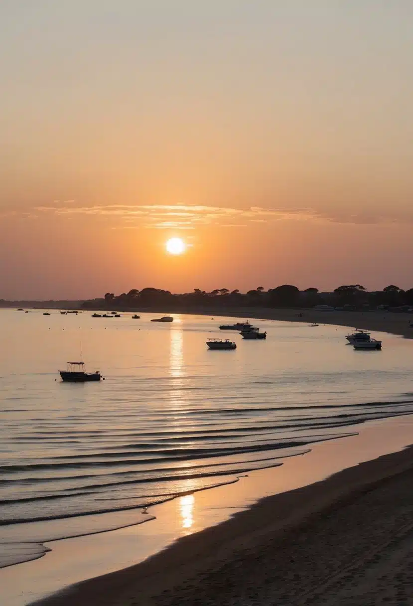 The sun sets over the calm waters of Henley Beach, with golden sand stretching along the coastline and a few boats dotting the horizon