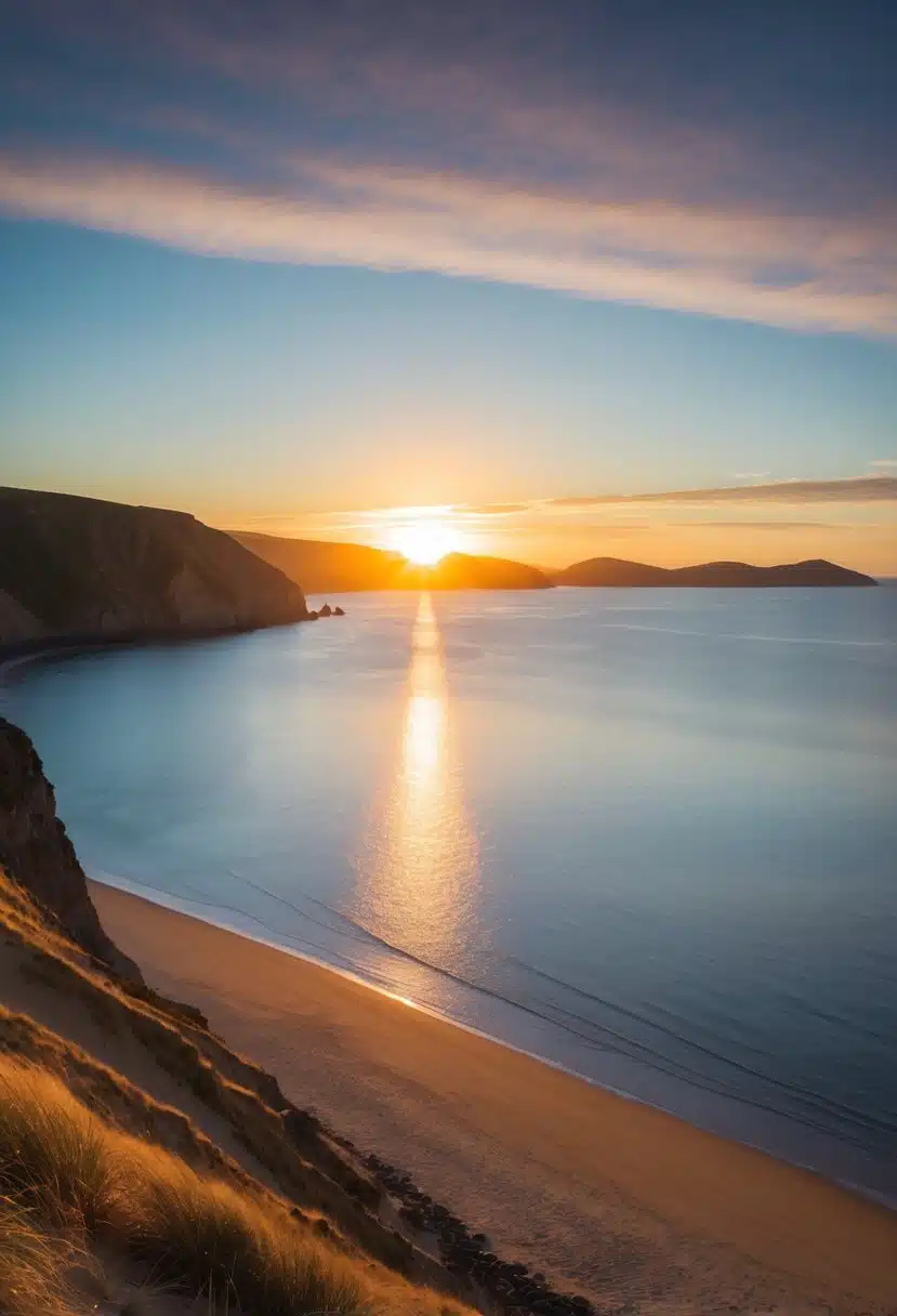 The sun sets over the calm waters of Rapid Bay, with golden sand and rugged cliffs framing the peaceful beach scene