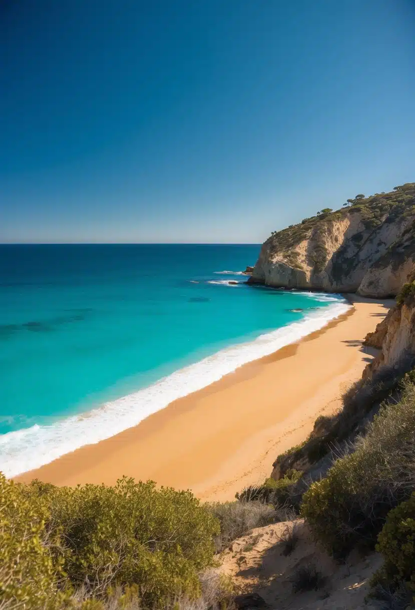 Turquoise waters lap against golden sands, framed by rugged cliffs and lush vegetation. A clear blue sky stretches overhead, creating a serene and picturesque coastal landscape
