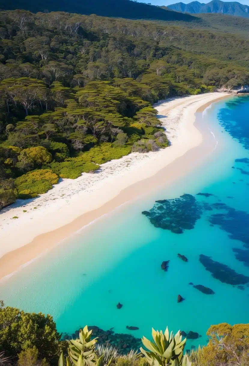 A pristine beach with crystal-clear water, surrounded by lush greenery and teeming with diverse wildlife and marine life in South Australia