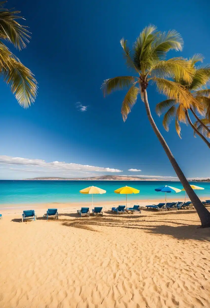 Golden sand, crystal clear water, and blue skies at South Australian beaches. Palm trees sway in the gentle breeze, with colorful beach umbrellas dotting the coastline