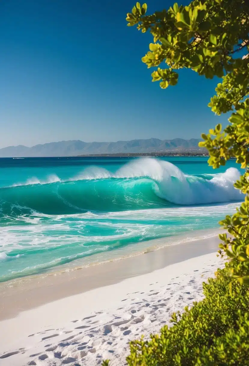 Turquoise waves crash on white sandy shores, framed by lush greenery and distant mountains under a clear blue sky