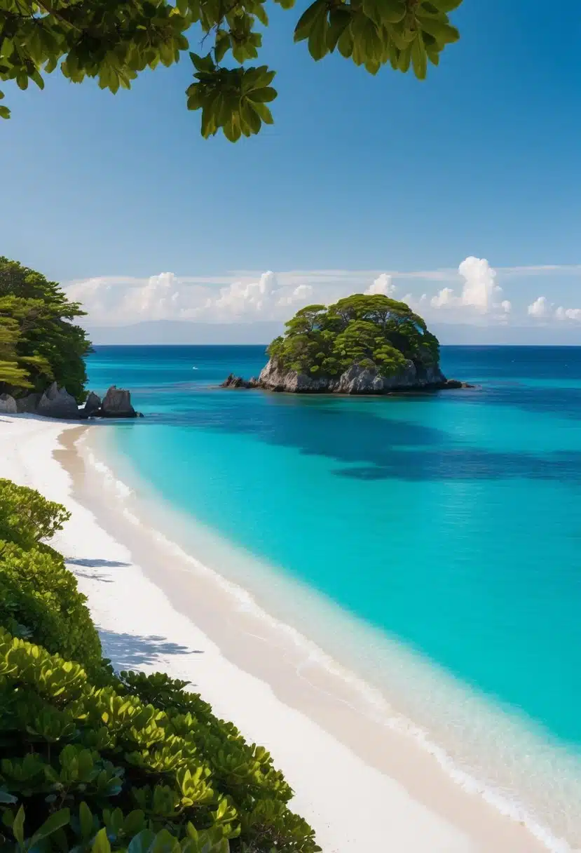 Turquoise waters lap against white sandy shores, framed by lush greenery and rocky outcrops on Zamami Island, one of Japan's top 5 beaches