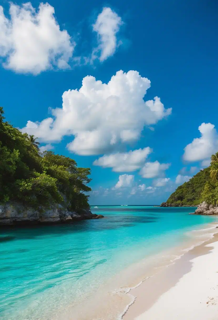 Turquoise waters lap against white sandy shores, framed by lush greenery and rocky cliffs. A vibrant blue sky stretches above, dotted with fluffy white clouds