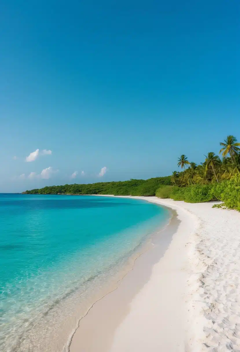 A serene beach with clear blue waters, soft white sand, and lush greenery along the shore. The sun shines brightly in the cloudless sky, creating a picturesque scene