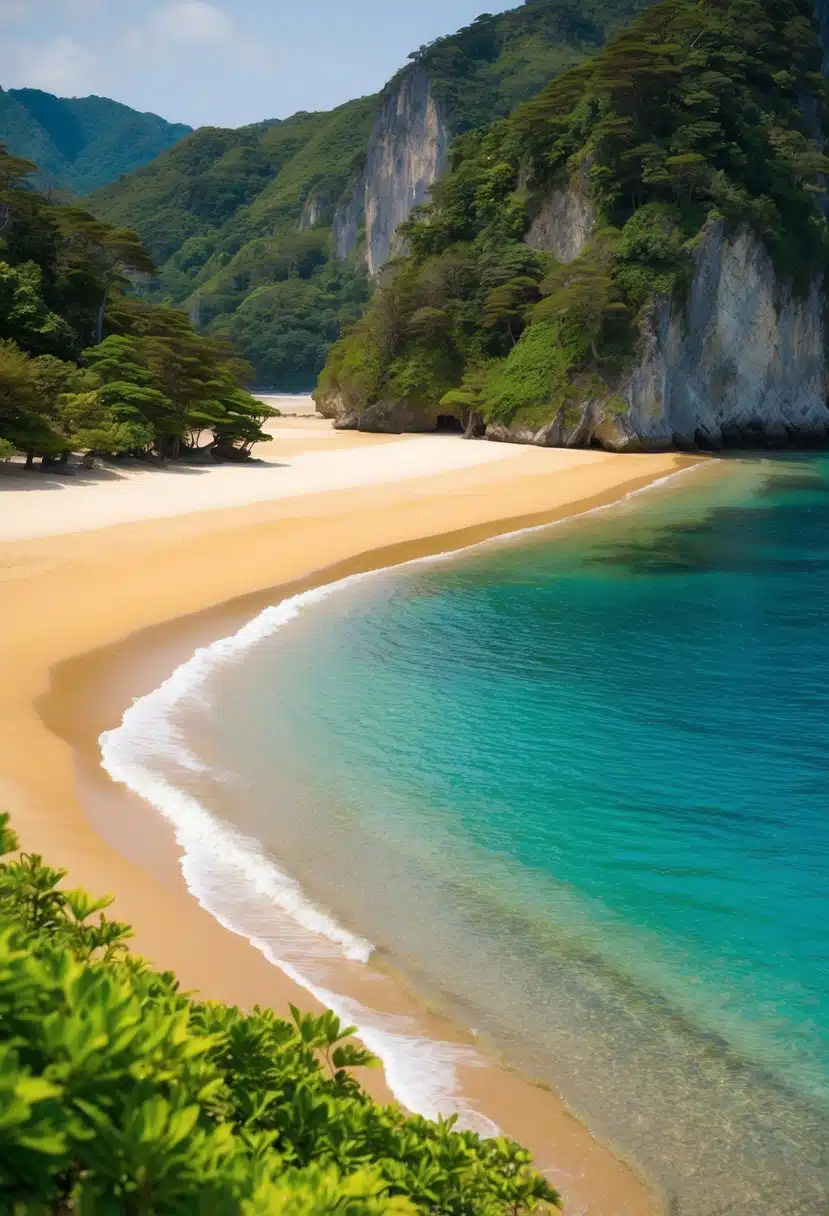 Crystal clear waters lap against golden sandy shores, framed by lush greenery and towering cliffs on Ishigaki Island's top 5 beaches in Japan