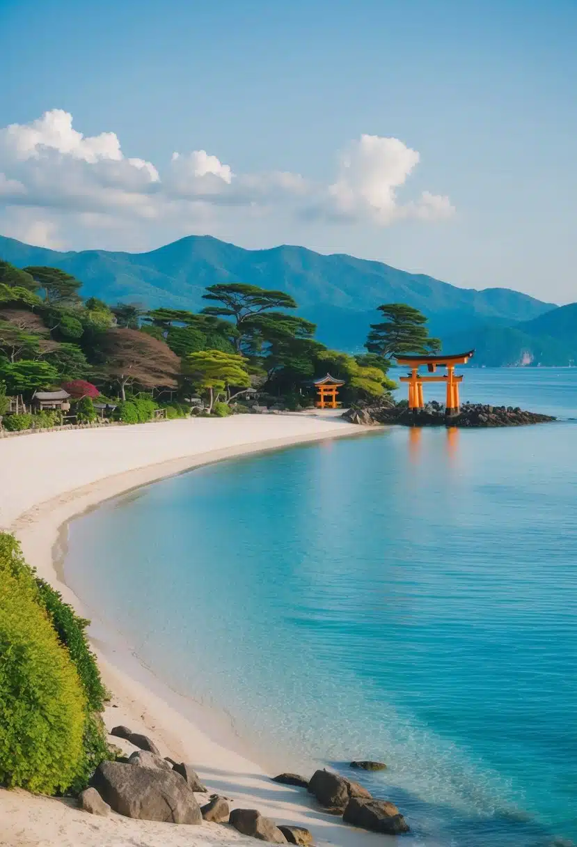 A serene Japanese beach with clear blue waters, white sand, and lush greenery lining the shore, with traditional torii gates in the distance