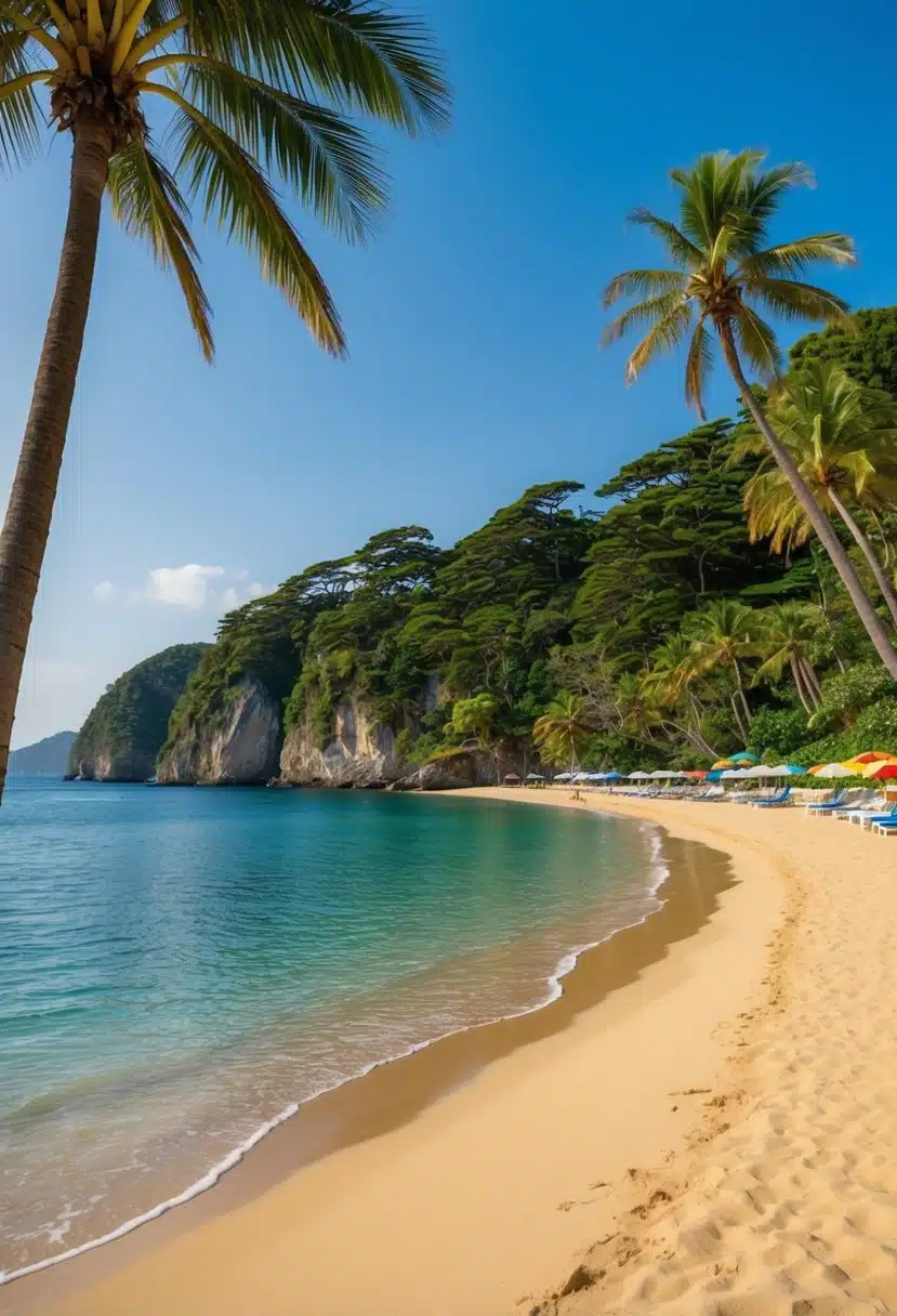 Golden sand, clear blue waters, rocky cliffs, and lush greenery line the pristine Japanese beaches. Palm trees sway in the gentle sea breeze, while colorful umbrellas dot the shoreline
