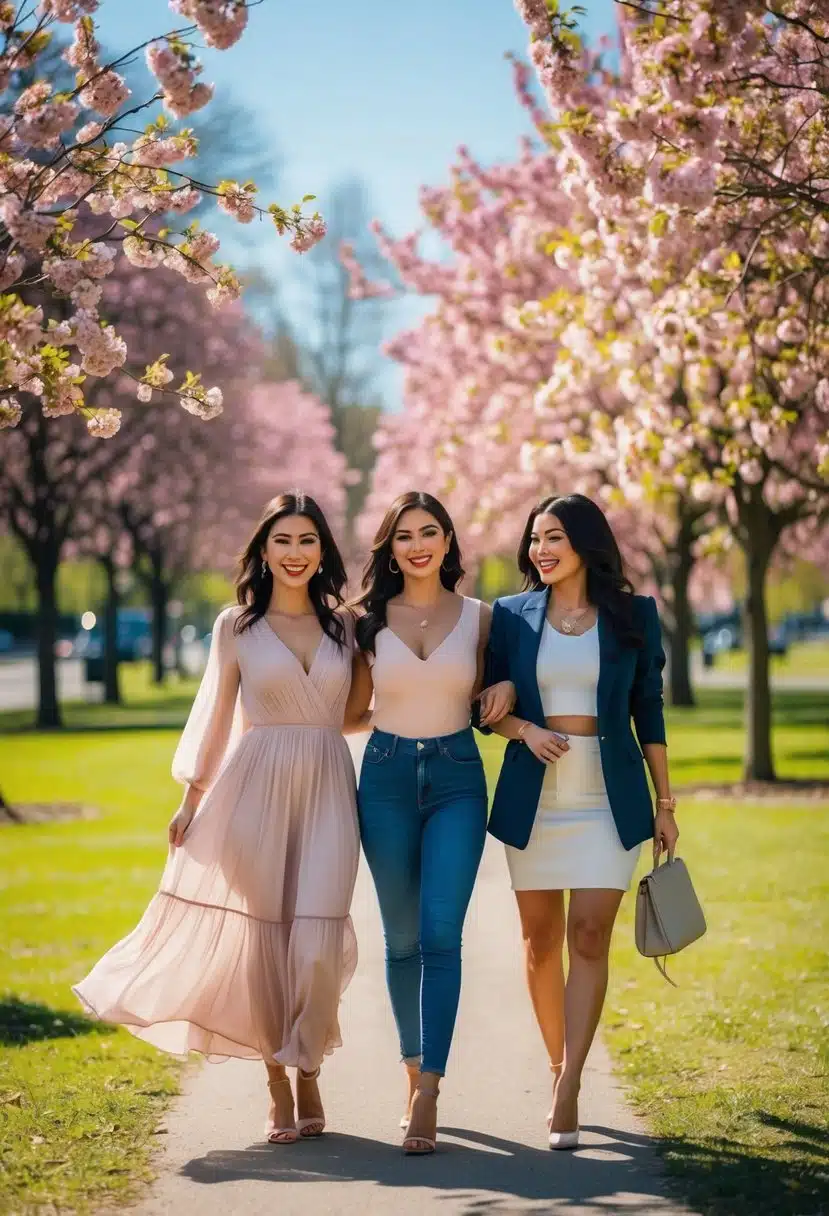 A sunny park with blooming flowers, a woman in a flowy dress, another in casual jeans and a pastel top, and a third in a chic blazer and skirt
